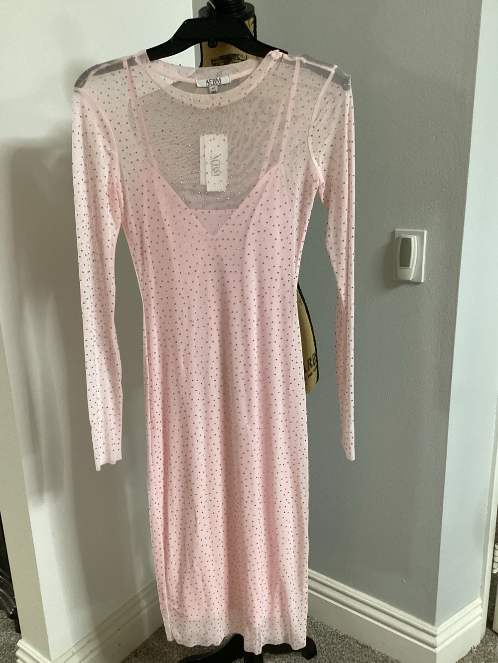 AFRM NWT Pink Long Sleeve Sheer Rhinestone Bodycon Dress
